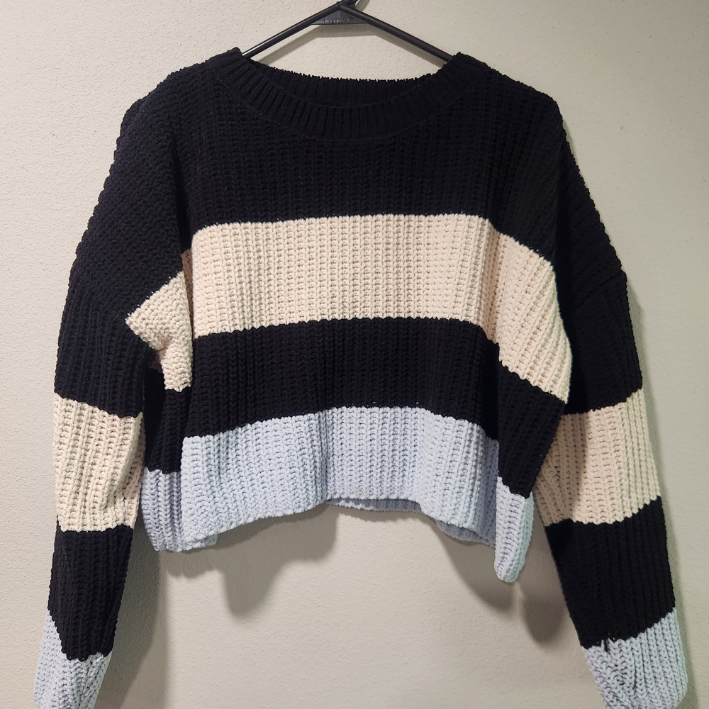 Chic Striped Black, Cream, and Gray Sweater